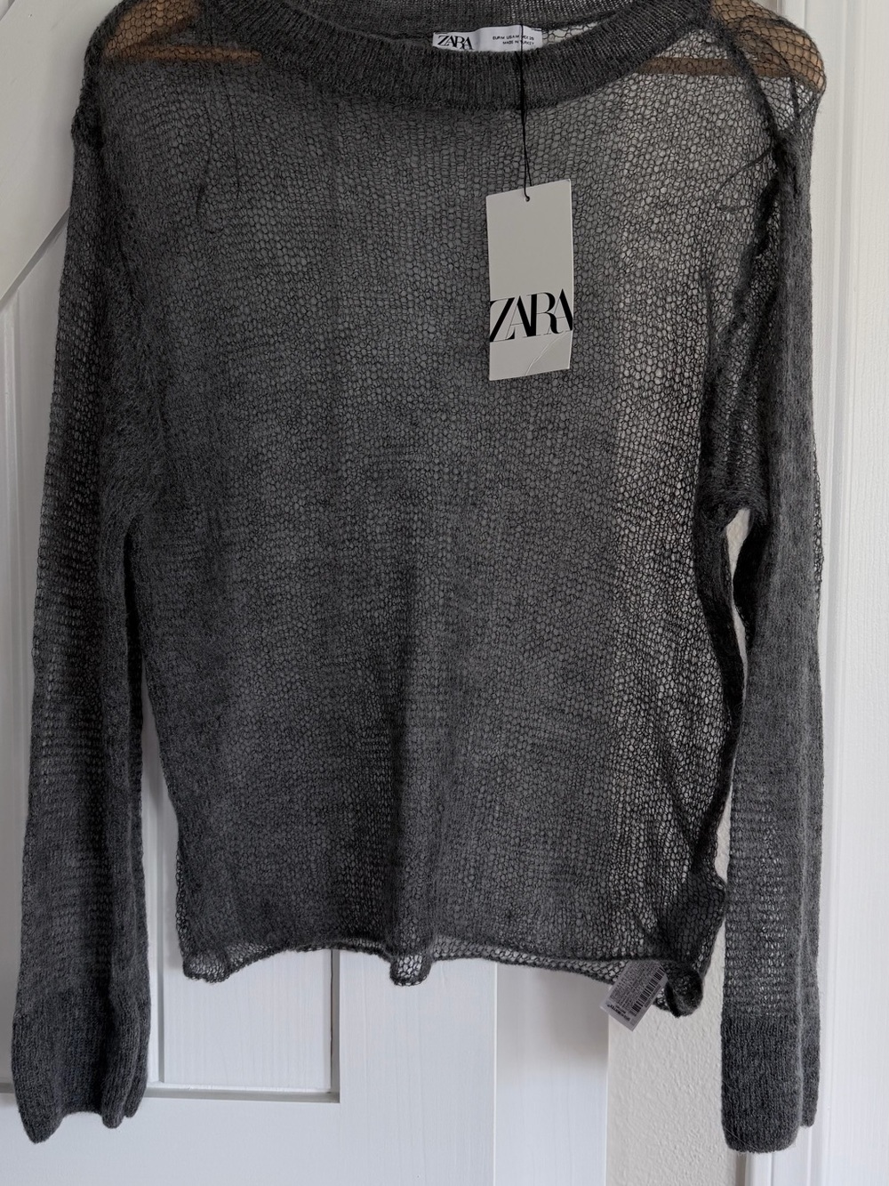 Zara Sheer Knit Long-Sleeve Top — Charcoal Gray